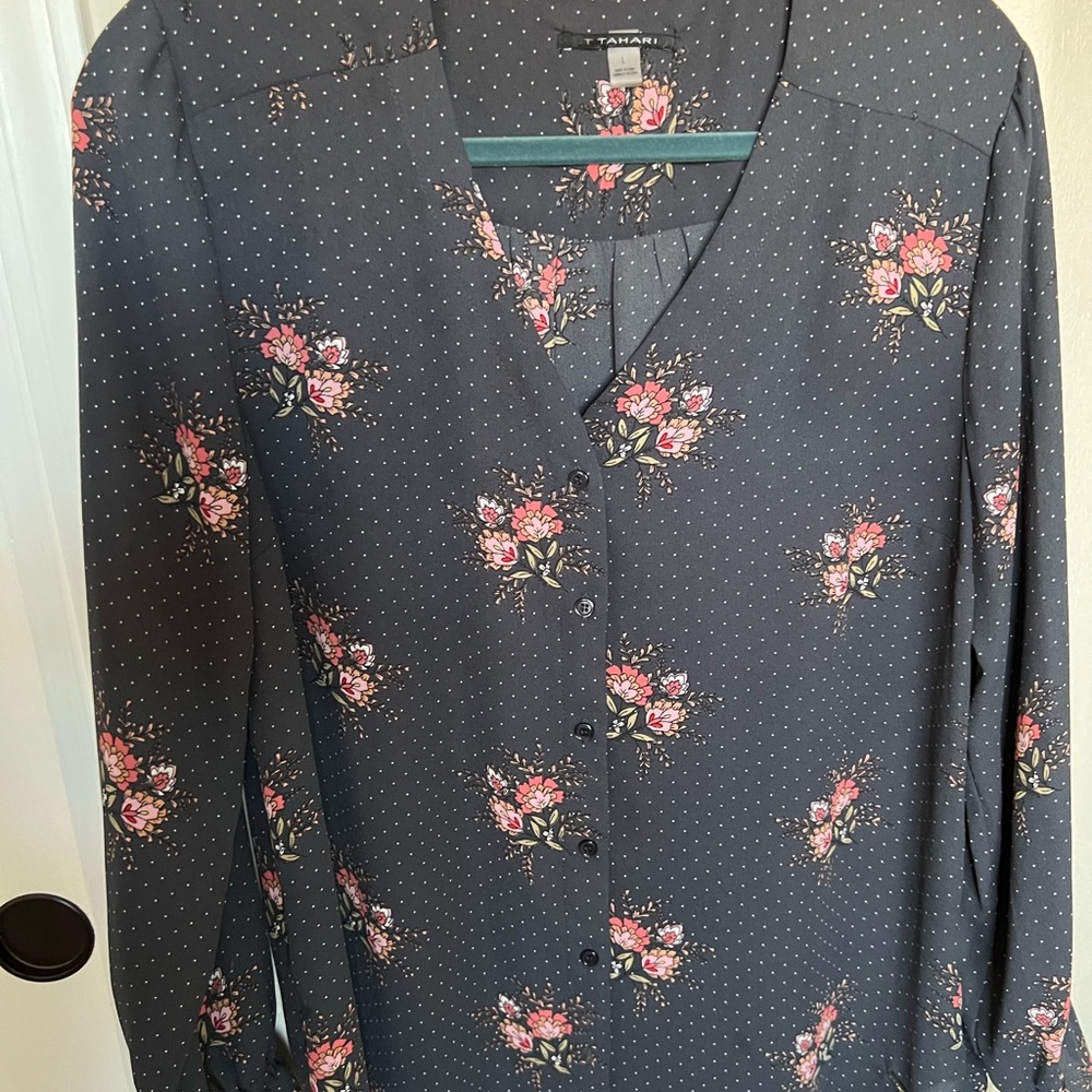 T Tahari Floral Blouse with Pink and Green Accents